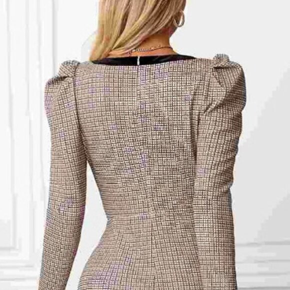 Houndstooth Bow Square Neck Dress | New Sheath Midi Dress w/ Long Sleeves - Picture 8 of 9